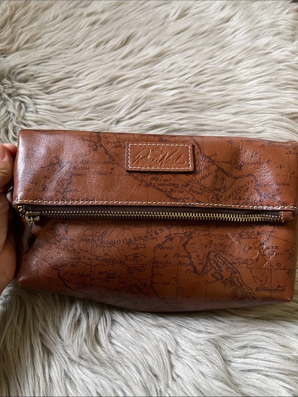 Patricia Nash Cognac Map-Print Leather Wristlet